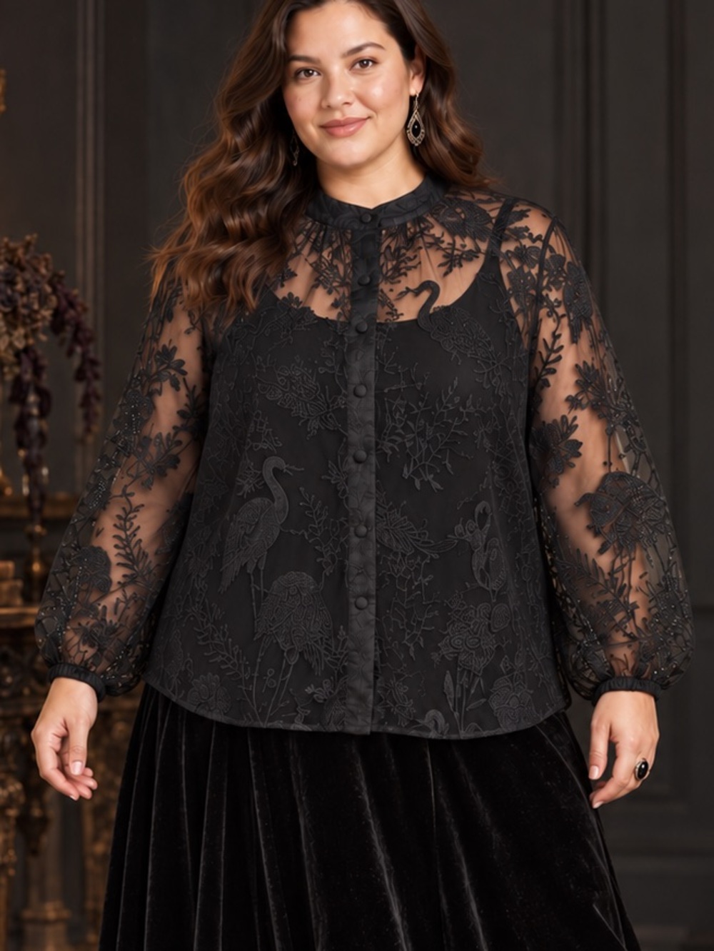 Nightfall by Torrid Black Embroidered Mesh Gothic Blouse Size 1 16/18